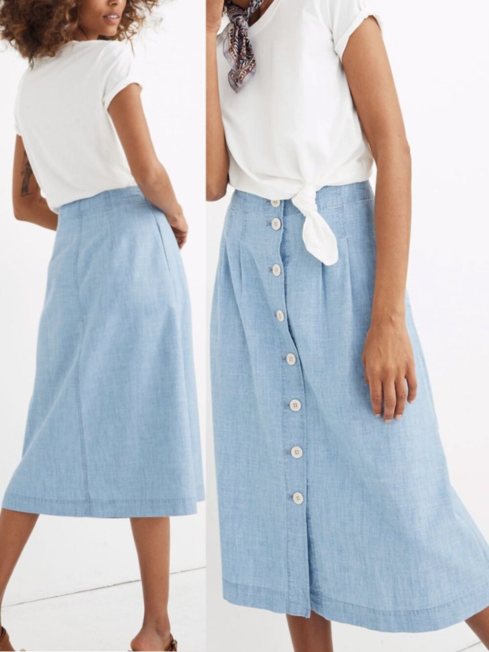 Madewell Chambray Patio Button-Front Midi Skirt 2 Light Blue Weatherly Wash $98